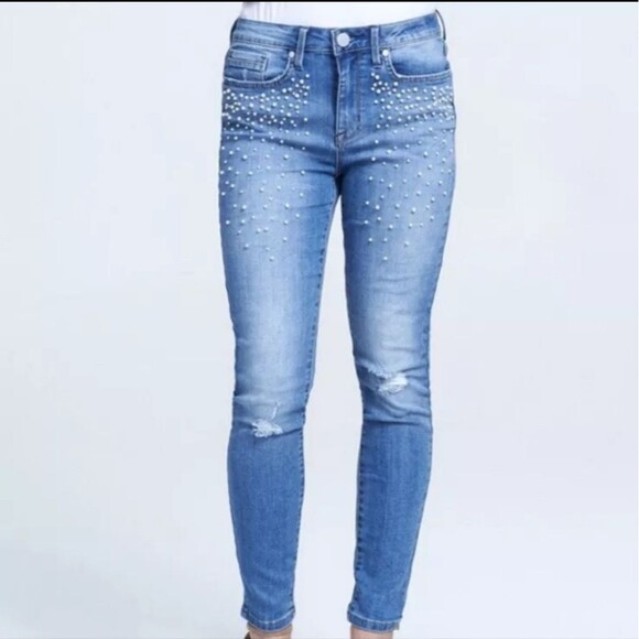 Seven7 size 4 pearl embellished distressed Denim Mid Rise Skinny Blue Jeans - Picture 1 of 12